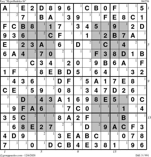 The grouppuzzles.com Easy HyperSudoku-16 puzzle for Sunday December 6, 2020 with all 3 steps marked