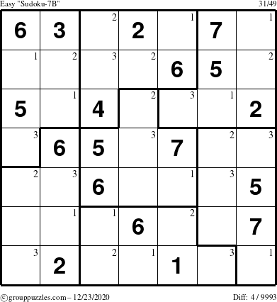 The grouppuzzles.com Easy Sudoku-7B puzzle for Wednesday December 23, 2020 with the first 3 steps marked