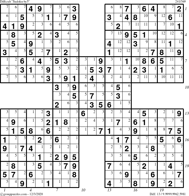 The grouppuzzles.com Difficult Sudoku-by5 puzzle for Thursday December 3, 2020 with all 13 steps marked