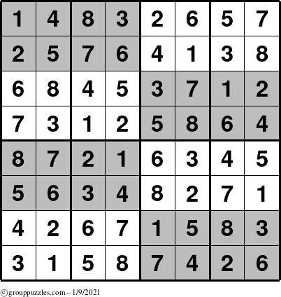 The grouppuzzles.com Answer grid for the SuperSudoku-8 puzzle for Saturday January 9, 2021