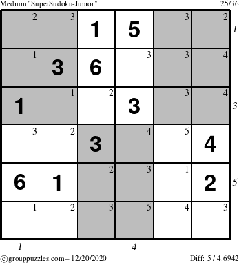 The grouppuzzles.com Medium SuperSudoku-Junior puzzle for Sunday December 20, 2020 with all 5 steps marked