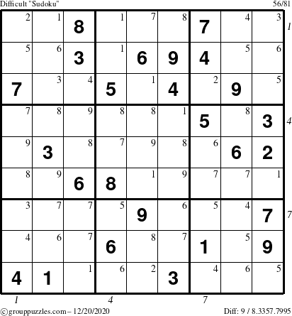 The grouppuzzles.com Difficult Sudoku puzzle for Sunday December 20, 2020 with all 9 steps marked