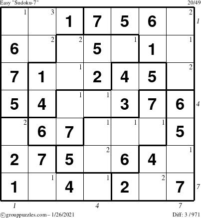 The grouppuzzles.com Easy Sudoku-7 puzzle for Tuesday January 26, 2021 with all 3 steps marked