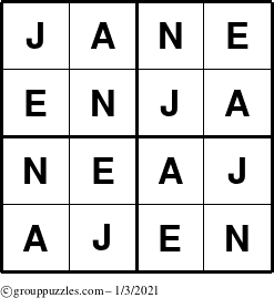 The grouppuzzles.com Answer grid for the Jane puzzle for Sunday January 3, 2021