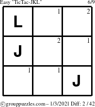 The grouppuzzles.com Easy TicTac-JKL puzzle for Sunday January 3, 2021 with the first 2 steps marked