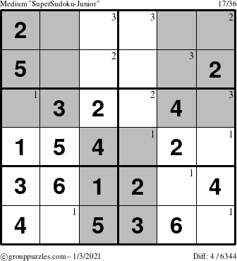 The grouppuzzles.com Medium SuperSudoku-Junior puzzle for Sunday January 3, 2021 with the first 3 steps marked