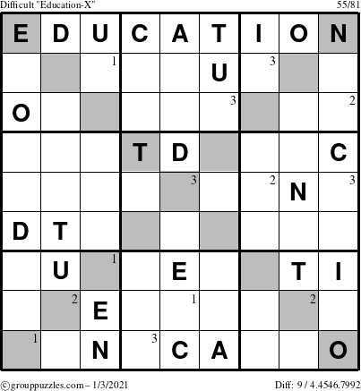 The grouppuzzles.com Difficult Education-X puzzle for Sunday January 3, 2021 with the first 3 steps marked
