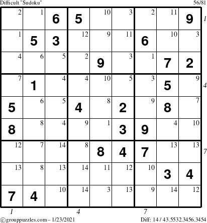 The grouppuzzles.com Difficult Sudoku puzzle for Saturday January 23, 2021 with all 14 steps marked
