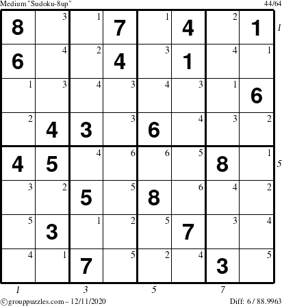 The grouppuzzles.com Medium Sudoku-8up puzzle for Friday December 11, 2020 with all 6 steps marked
