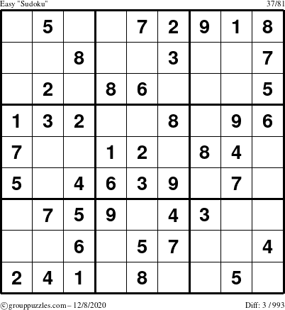 The grouppuzzles.com Easy Sudoku puzzle for Tuesday December 8, 2020