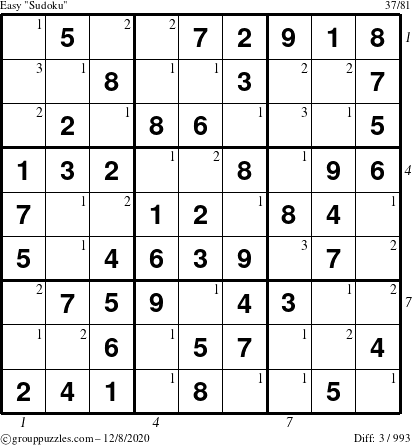 The grouppuzzles.com Easy Sudoku puzzle for Tuesday December 8, 2020 with all 3 steps marked