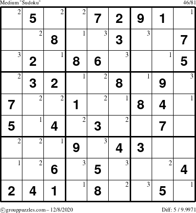 The grouppuzzles.com Medium Sudoku puzzle for Tuesday December 8, 2020 with the first 3 steps marked