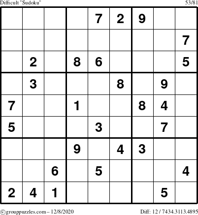 The grouppuzzles.com Difficult Sudoku puzzle for Tuesday December 8, 2020