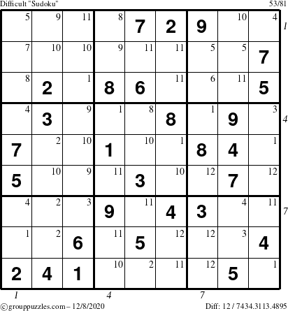 The grouppuzzles.com Difficult Sudoku puzzle for Tuesday December 8, 2020 with all 12 steps marked
