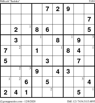 The grouppuzzles.com Difficult Sudoku puzzle for Tuesday December 8, 2020 with the first 3 steps marked