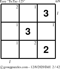 The grouppuzzles.com Easy TicTac-123 puzzle for Tuesday December 8, 2020 with all 2 steps marked