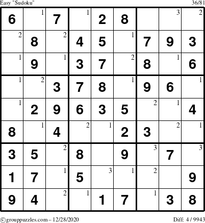 The grouppuzzles.com Easy Sudoku puzzle for Monday December 28, 2020 with the first 3 steps marked