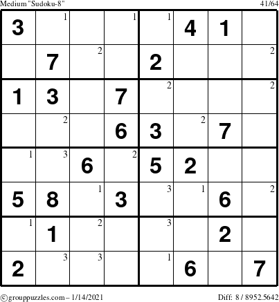 The grouppuzzles.com Medium Sudoku-8 puzzle for Thursday January 14, 2021 with the first 3 steps marked