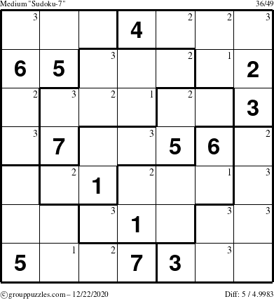 The grouppuzzles.com Medium Sudoku-7 puzzle for Tuesday December 22, 2020 with the first 3 steps marked