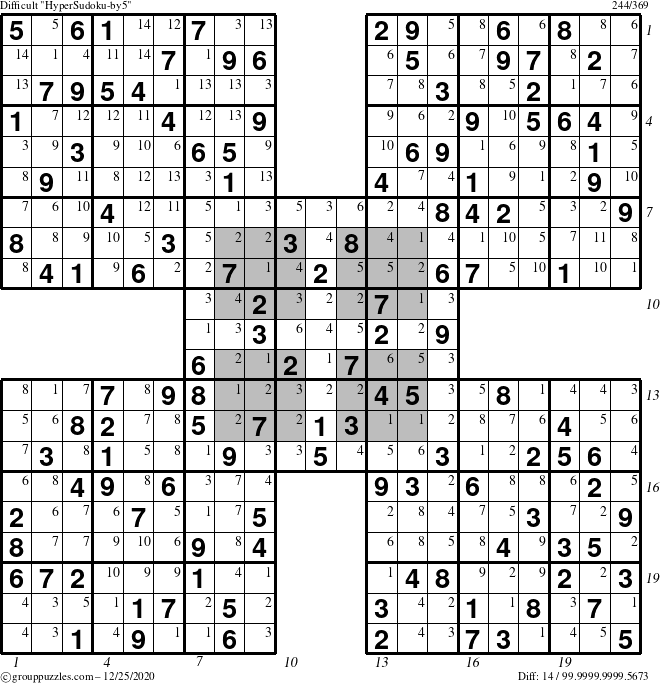 The grouppuzzles.com Difficult HyperSudoku-by5 puzzle for Friday December 25, 2020 with all 14 steps marked