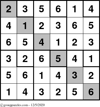 The grouppuzzles.com Answer grid for the Sudoku-6up-UR-D puzzle for Saturday December 5, 2020