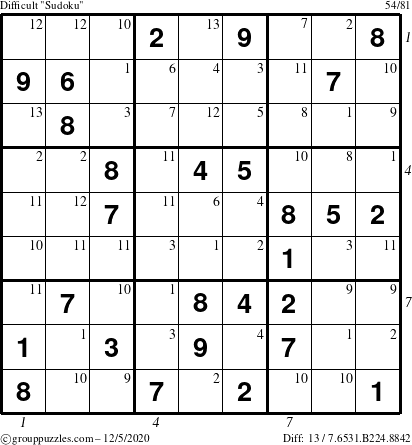 The grouppuzzles.com Difficult Sudoku puzzle for Saturday December 5, 2020 with all 13 steps marked