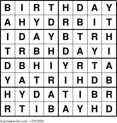 The grouppuzzles.com Answer grid for the Birthday puzzle for Saturday December 5, 2020