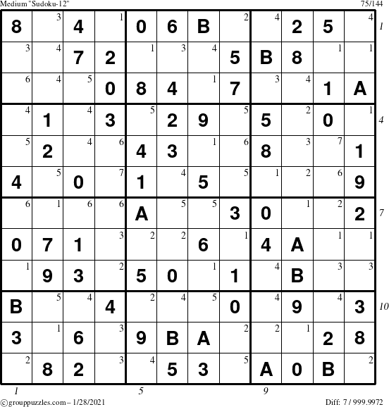 The grouppuzzles.com Medium Sudoku-12 puzzle for Thursday January 28, 2021 with all 7 steps marked