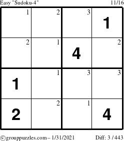 The grouppuzzles.com Easy Sudoku-4 puzzle for Sunday January 31, 2021 with the first 3 steps marked