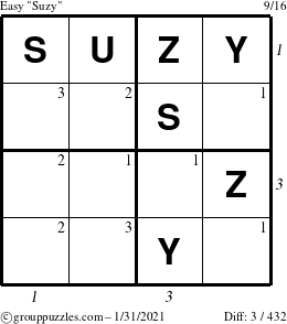 The grouppuzzles.com Easy Suzy puzzle for Sunday January 31, 2021 with all 3 steps marked