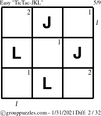 The grouppuzzles.com Easy TicTac-JKL puzzle for Sunday January 31, 2021 with all 2 steps marked