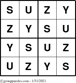 The grouppuzzles.com Answer grid for the Suzy puzzle for Sunday January 31, 2021