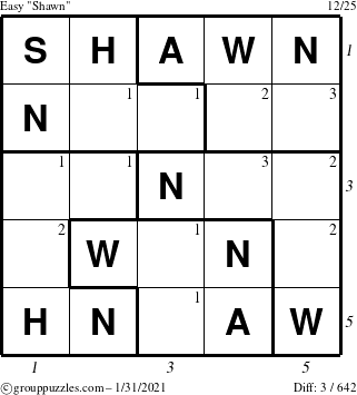 The grouppuzzles.com Easy Shawn puzzle for Sunday January 31, 2021 with all 3 steps marked