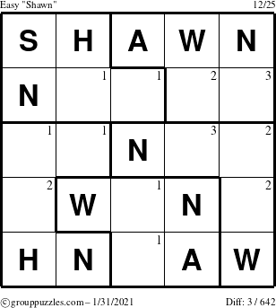 The grouppuzzles.com Easy Shawn puzzle for Sunday January 31, 2021 with the first 3 steps marked