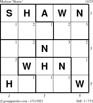 The grouppuzzles.com Medium Shawn puzzle for Sunday January 31, 2021 with all 3 steps marked