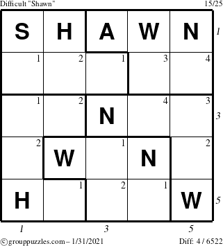 The grouppuzzles.com Difficult Shawn puzzle for Sunday January 31, 2021 with all 4 steps marked