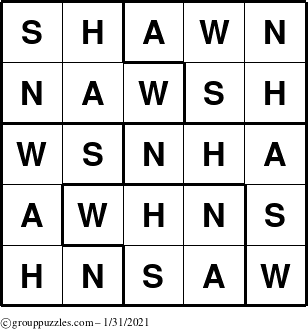 The grouppuzzles.com Answer grid for the Shawn puzzle for Sunday January 31, 2021