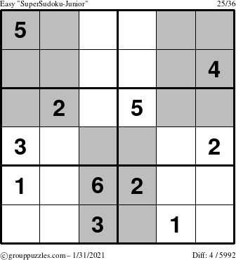 The grouppuzzles.com Easy SuperSudoku-Junior puzzle for Sunday January 31, 2021