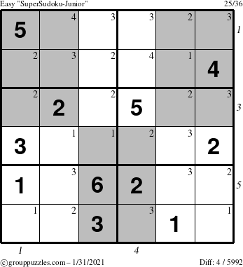 The grouppuzzles.com Easy SuperSudoku-Junior puzzle for Sunday January 31, 2021 with all 4 steps marked