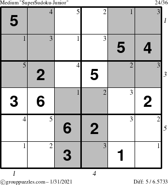 The grouppuzzles.com Medium SuperSudoku-Junior puzzle for Sunday January 31, 2021 with all 5 steps marked
