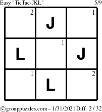 The grouppuzzles.com Easy TicTac-JKL puzzle for Sunday January 31, 2021 with the first 2 steps marked