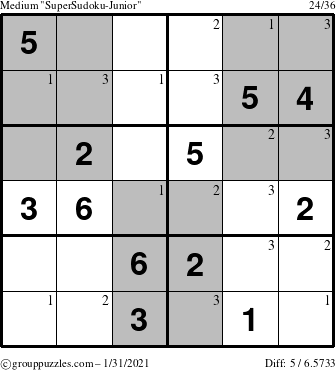 The grouppuzzles.com Medium SuperSudoku-Junior puzzle for Sunday January 31, 2021 with the first 3 steps marked