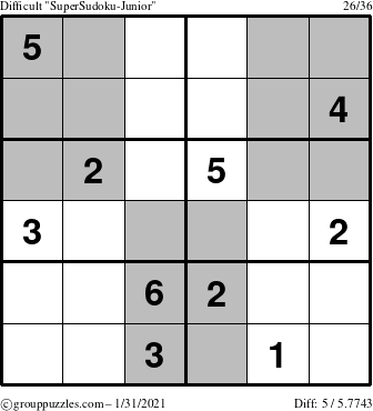 The grouppuzzles.com Difficult SuperSudoku-Junior puzzle for Sunday January 31, 2021