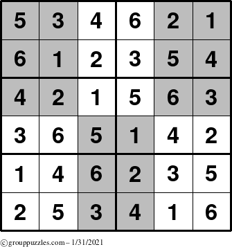 The grouppuzzles.com Answer grid for the SuperSudoku-Junior puzzle for Sunday January 31, 2021