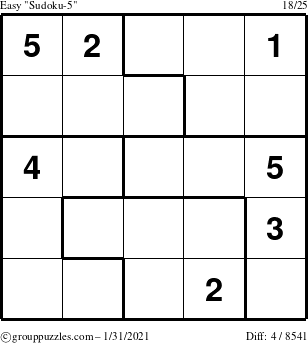The grouppuzzles.com Easy Sudoku-5 puzzle for Sunday January 31, 2021