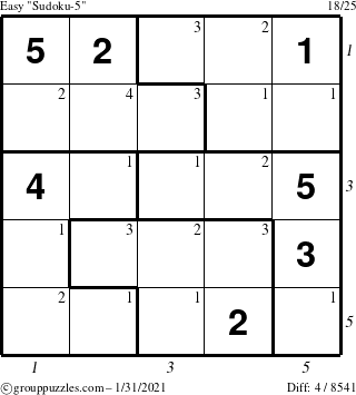The grouppuzzles.com Easy Sudoku-5 puzzle for Sunday January 31, 2021 with all 4 steps marked