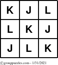The grouppuzzles.com Answer grid for the TicTac-JKL puzzle for Sunday January 31, 2021