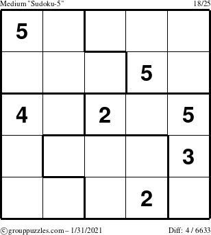 The grouppuzzles.com Medium Sudoku-5 puzzle for Sunday January 31, 2021