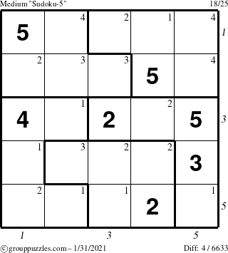 The grouppuzzles.com Medium Sudoku-5 puzzle for Sunday January 31, 2021 with all 4 steps marked