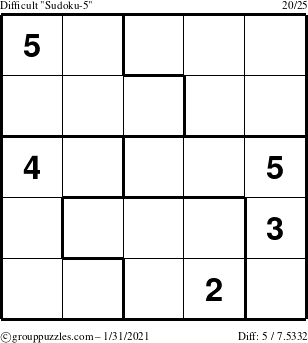 The grouppuzzles.com Difficult Sudoku-5 puzzle for Sunday January 31, 2021